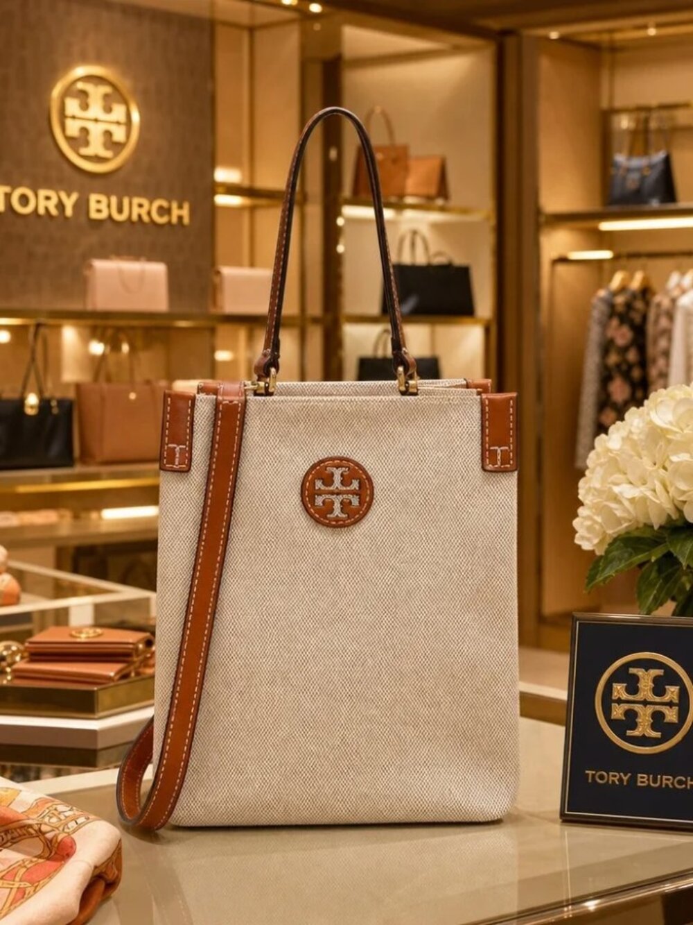 NEW Tory Burch Blake Canvas Bucket Bag Authentic Crossbody Purse Beige/Brown